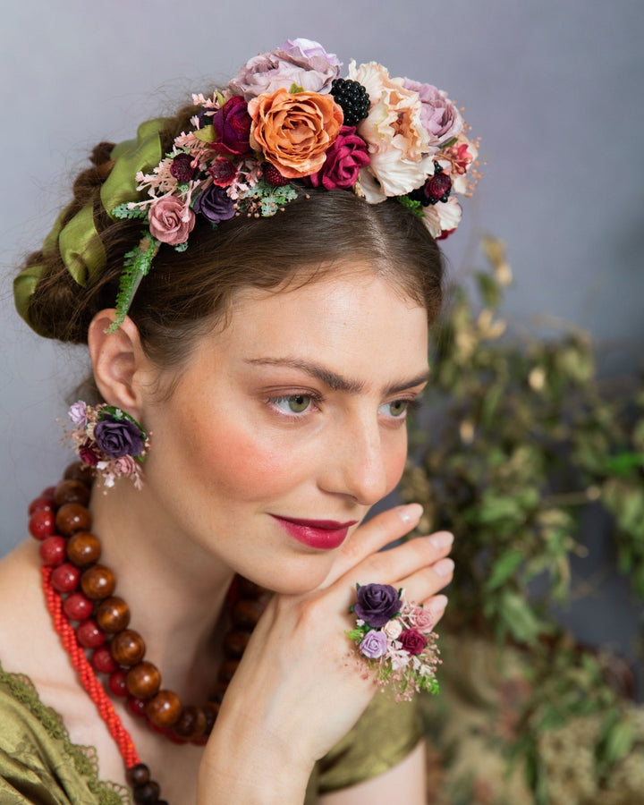 Purple Rose Flower Ring and Earrings: Wedding Jewelry Set – handmade floral hair accessory by magaela