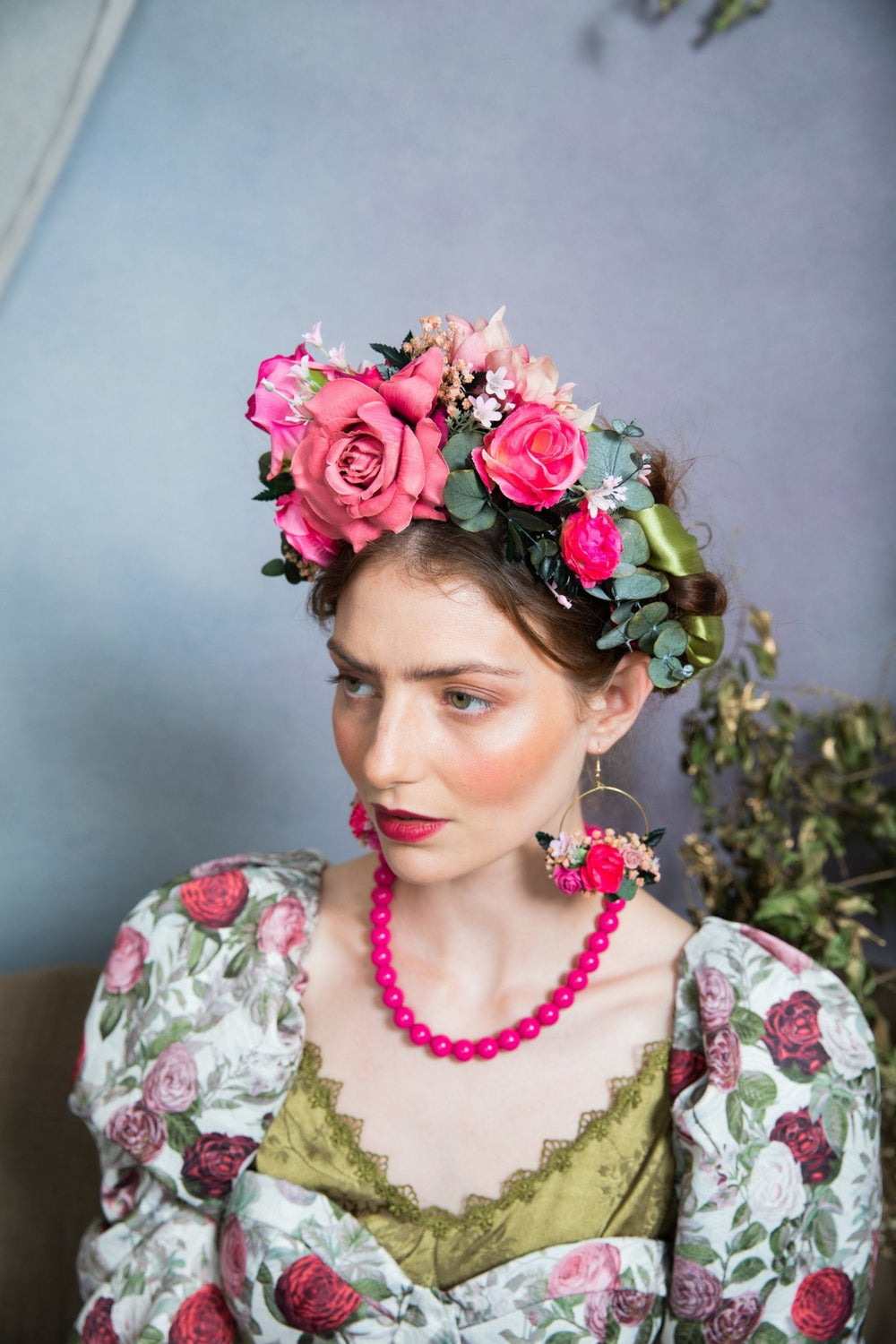 Pink Frida Flower Headband: Mexican Wedding Bridal Headpiece – handmade floral hair accessory by magaela