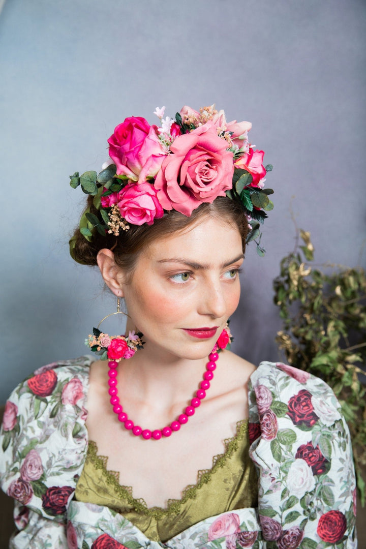 Pink Frida Flower Headband: Mexican Wedding Bridal Headpiece – handmade floral hair accessory by magaela