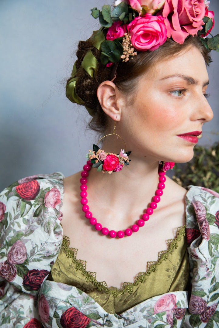 Fuchsia Flower Hoop Earrings: Bridal Wedding Jewelry – handmade floral hair accessory by magaela