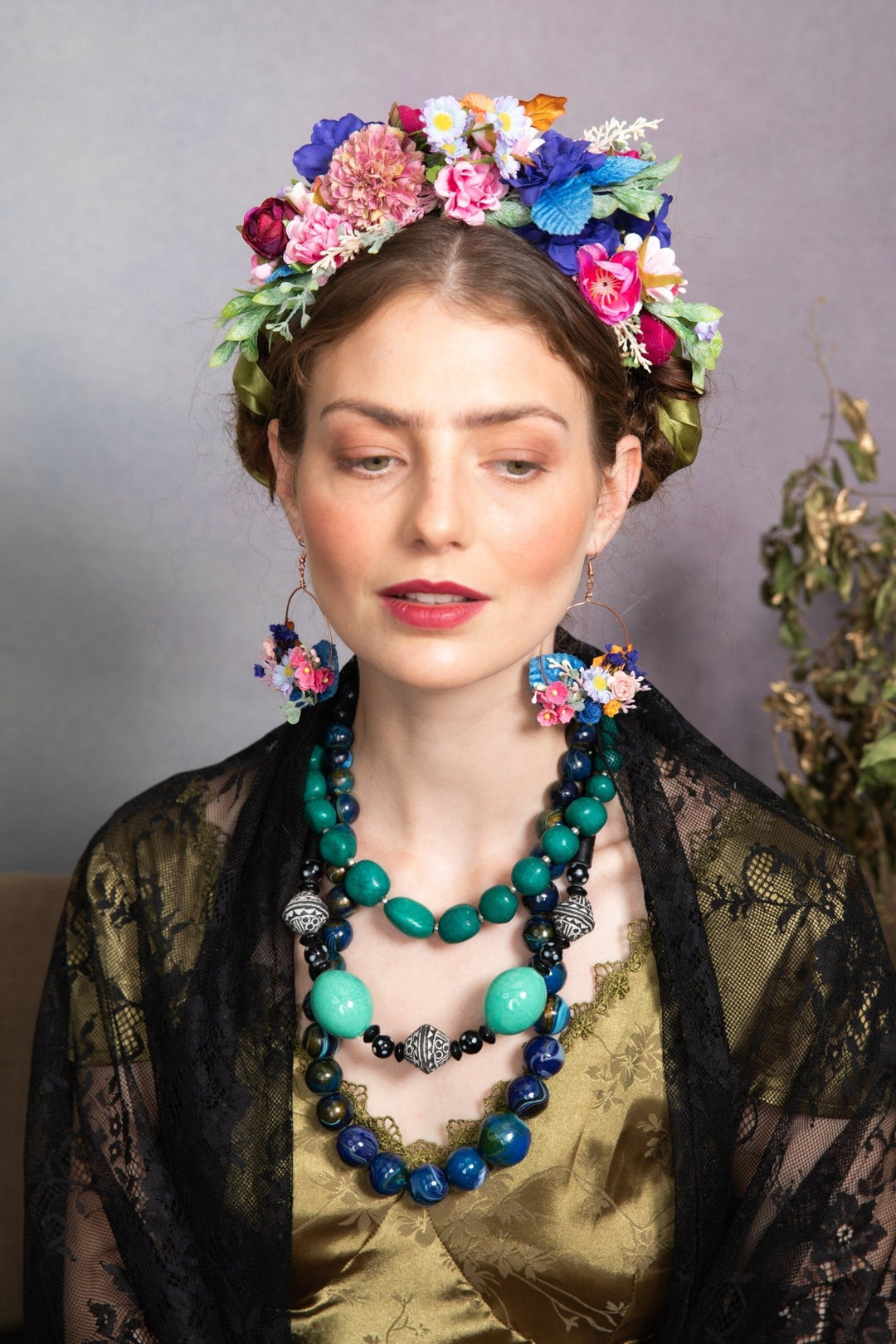 Frida Flower Headband: Pink & Blue Wedding Crown, Bridal Accessory – handmade floral hair accessory by magaela