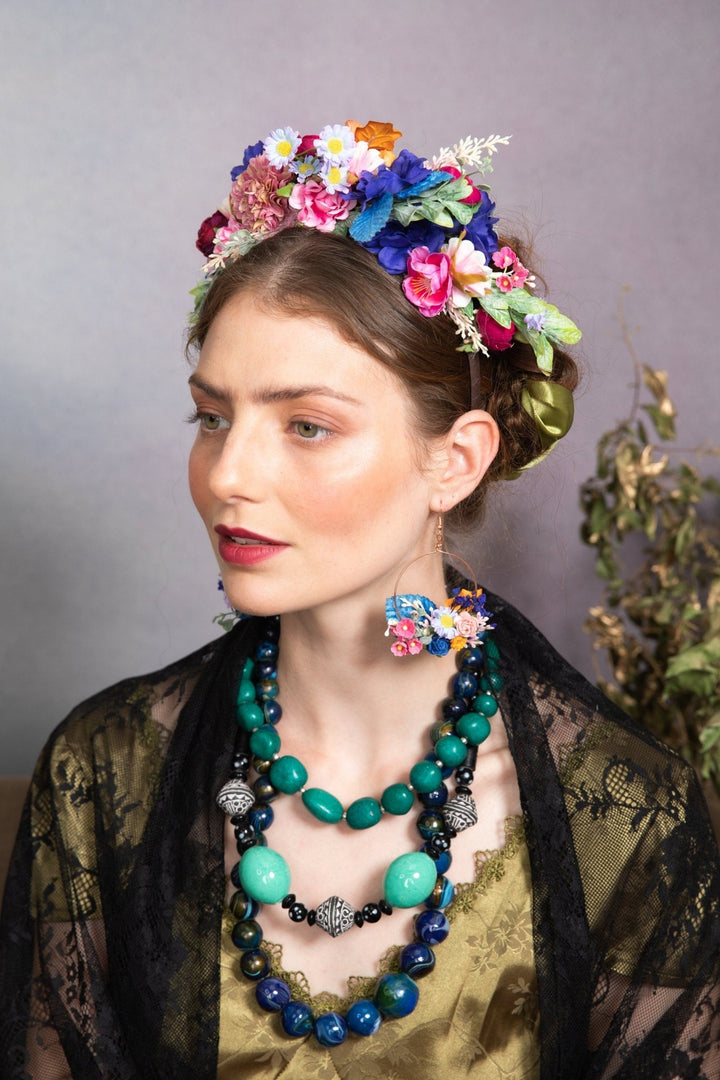 Frida Flower Headband: Pink & Blue Wedding Crown, Bridal Accessory – handmade floral hair accessory by magaela