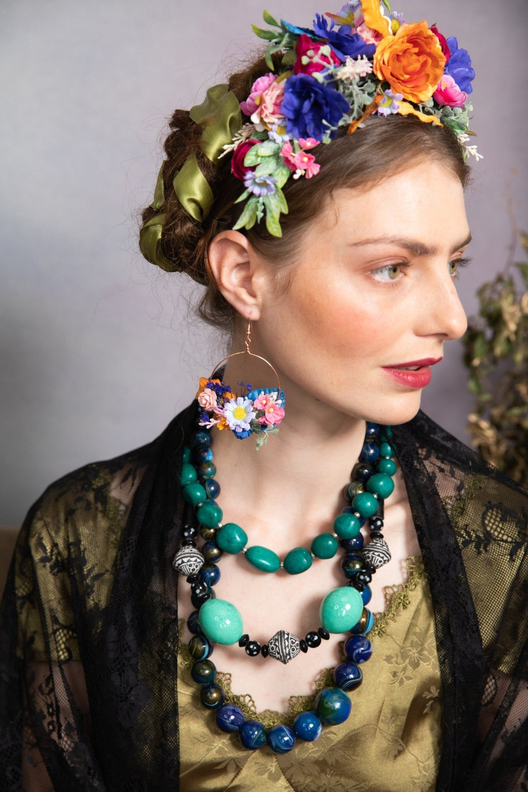 Frida Flower Headband: Pink & Blue Wedding Crown, Bridal Accessory – handmade floral hair accessory by magaela