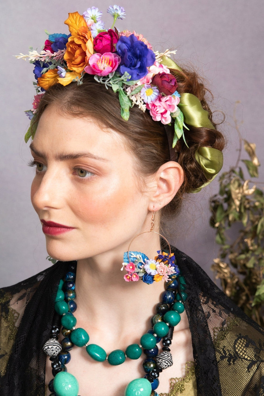 Frida Flower Headband: Pink & Blue Wedding Crown, Bridal Accessory – handmade floral hair accessory by magaela