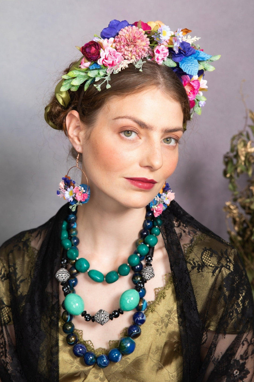 Frida Flower Headband: Pink & Blue Wedding Crown, Bridal Accessory – handmade floral hair accessory by magaela