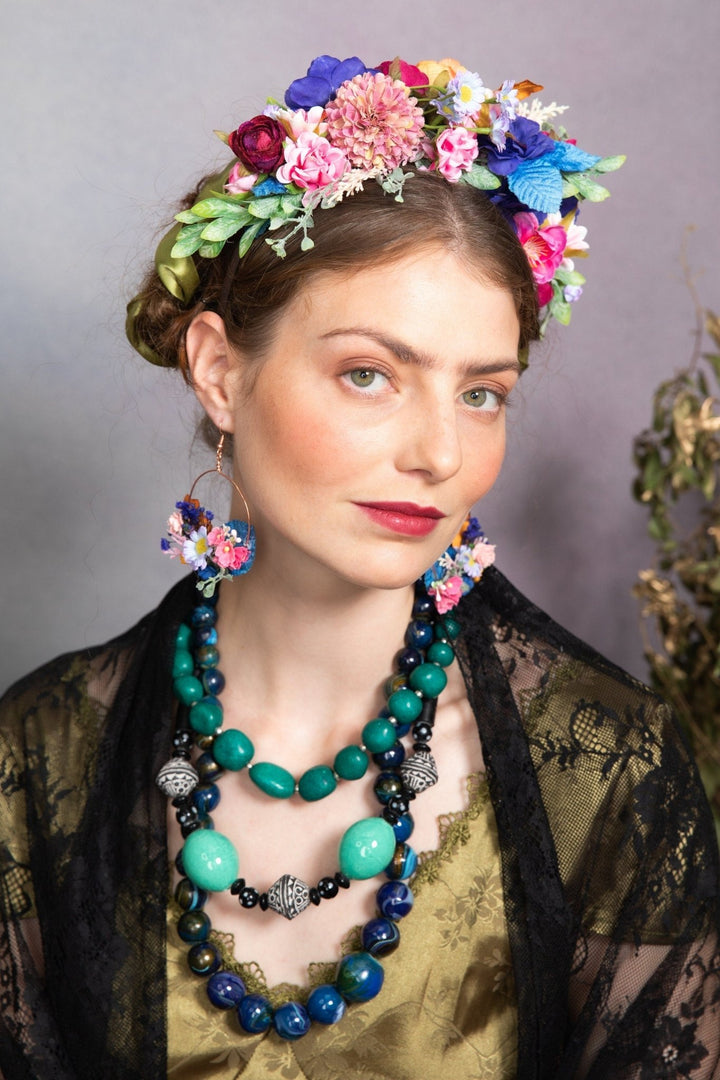 Frida Flower Headband: Pink & Blue Wedding Crown, Bridal Accessory – handmade floral hair accessory by magaela