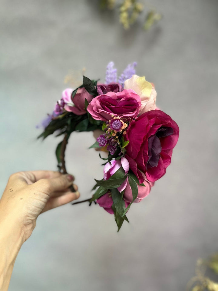 Magenta Frida Flower Headband: Purple Wedding Hair Crown – handmade floral hair accessory by magaela