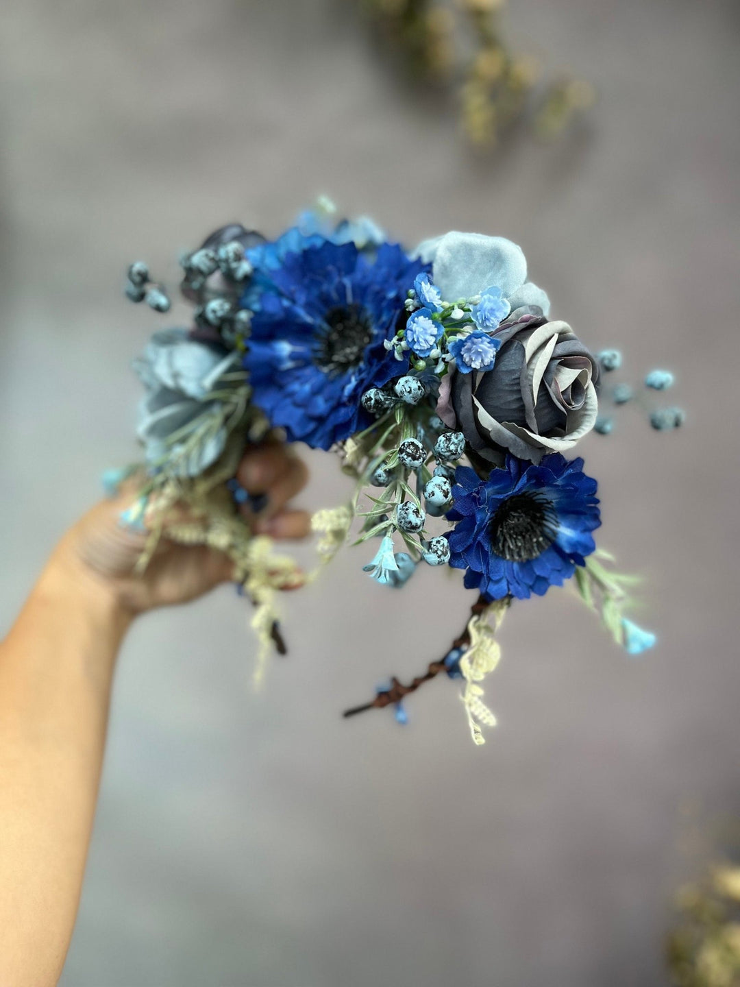 Blue Frida Flower Headband: Two - Sided Bridal Crown – handmade floral hair accessory by magaela