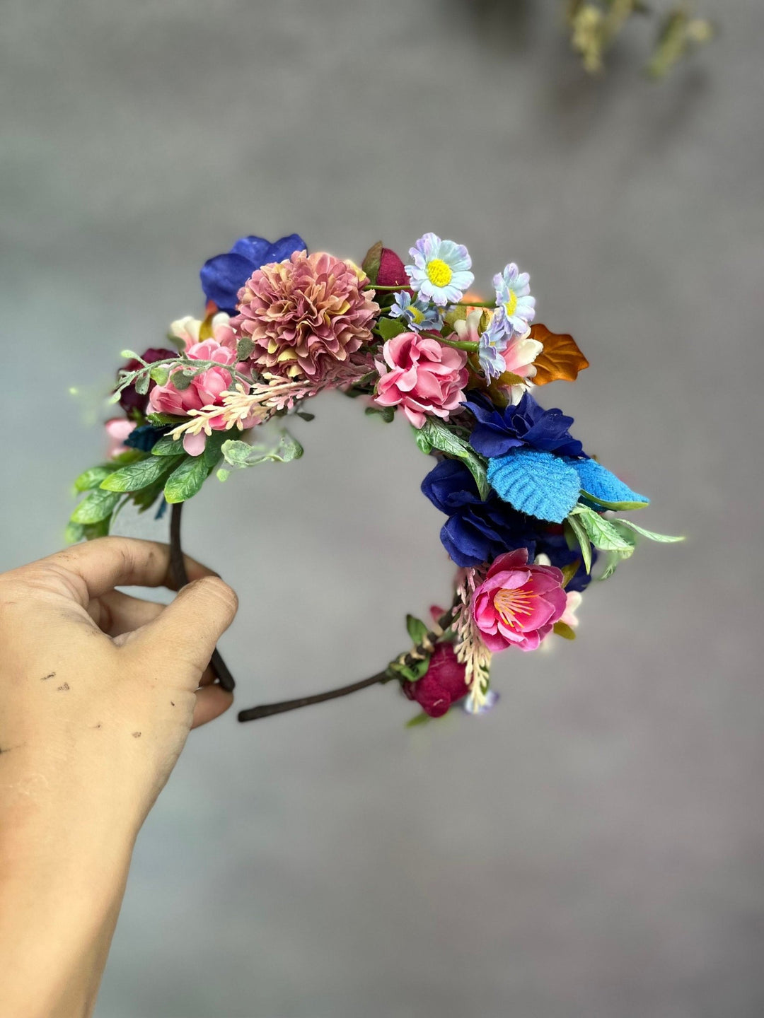 Frida Flower Headband: Pink & Blue Wedding Crown, Bridal Accessory – handmade floral hair accessory by magaela