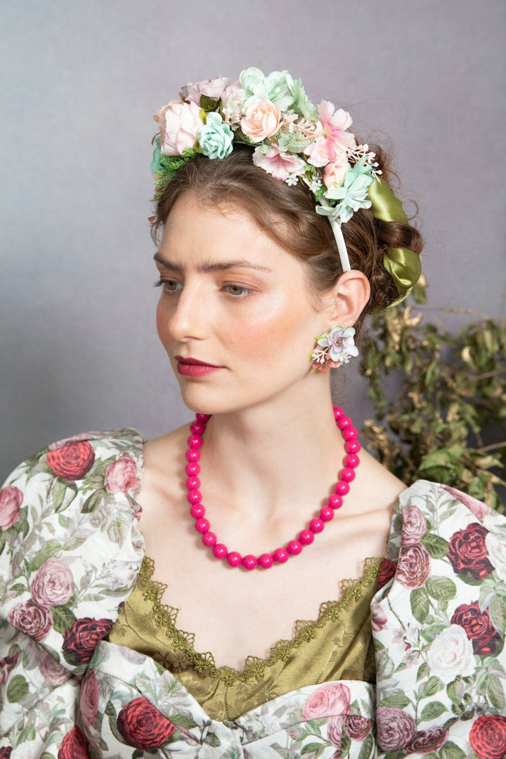 Pastel Frida Flower Headband: Peach, Sage Green Bridal Crown – handmade floral hair accessory by magaela