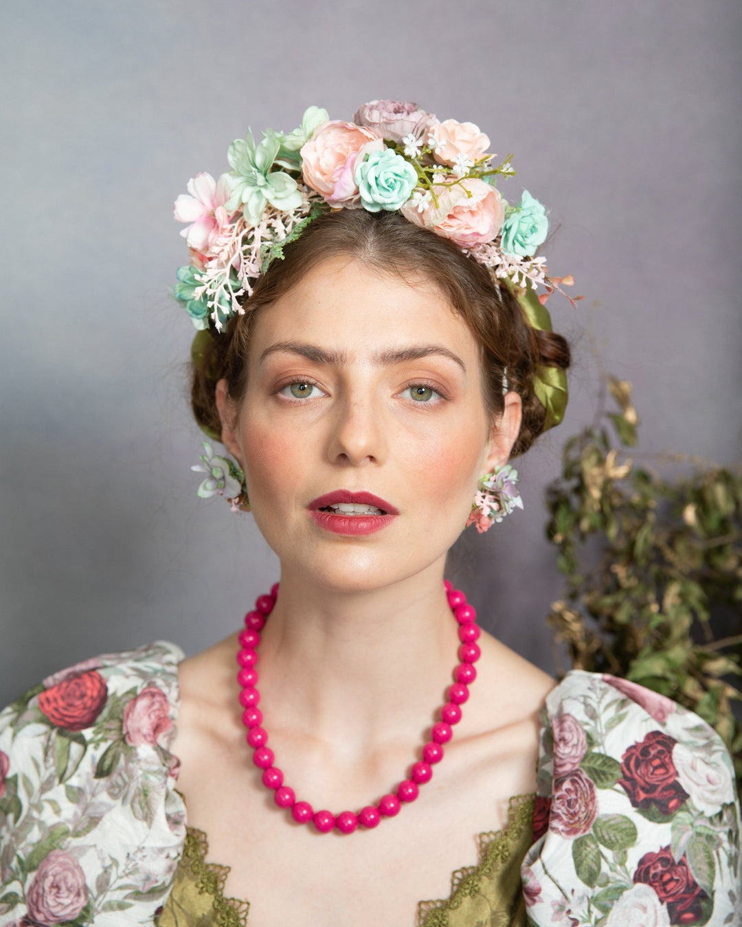 Pastel Frida Flower Headband: Peach, Sage Green Bridal Crown – handmade floral hair accessory by magaela
