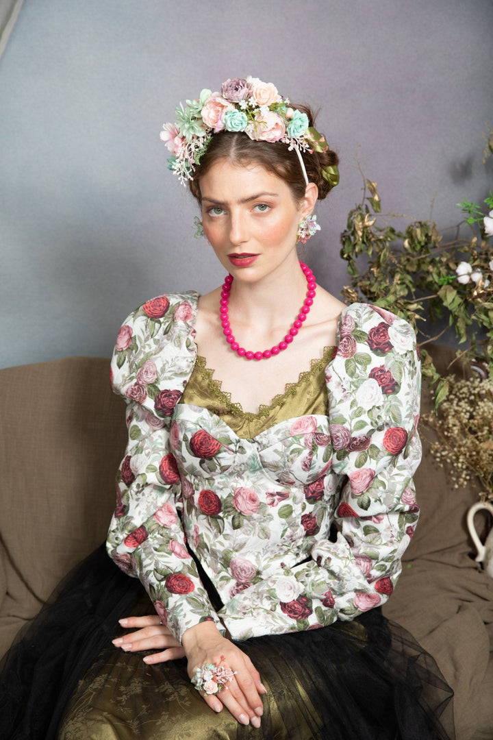 Pastel Frida Flower Headband: Peach, Sage Green Bridal Crown – handmade floral hair accessory by magaela