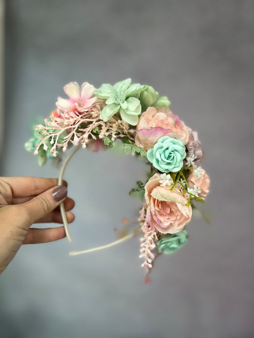 Pastel Frida Flower Headband: Peach, Sage Green Bridal Crown – handmade floral hair accessory by magaela