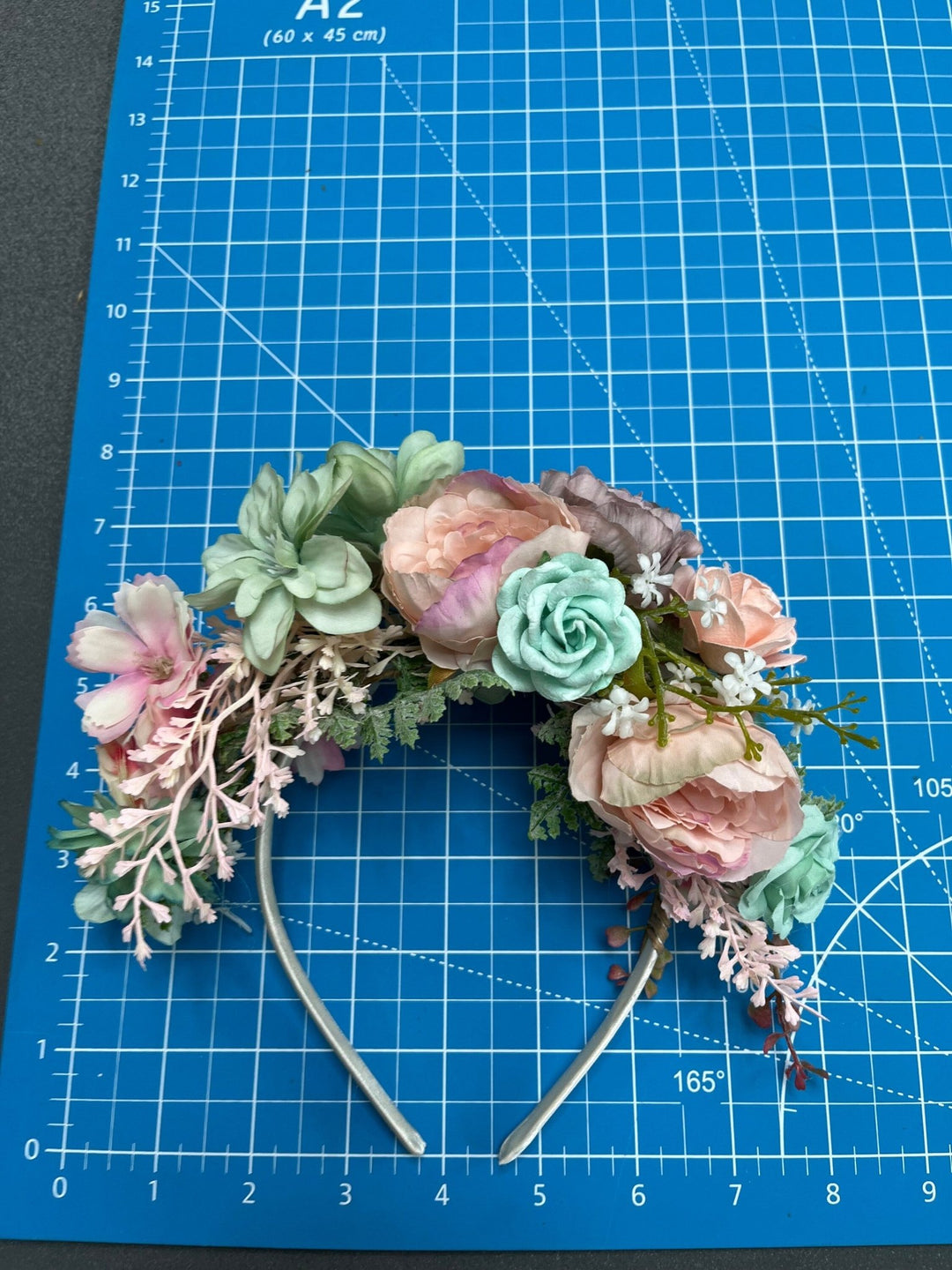 Pastel Frida Flower Headband: Peach, Sage Green Bridal Crown – handmade floral hair accessory by magaela