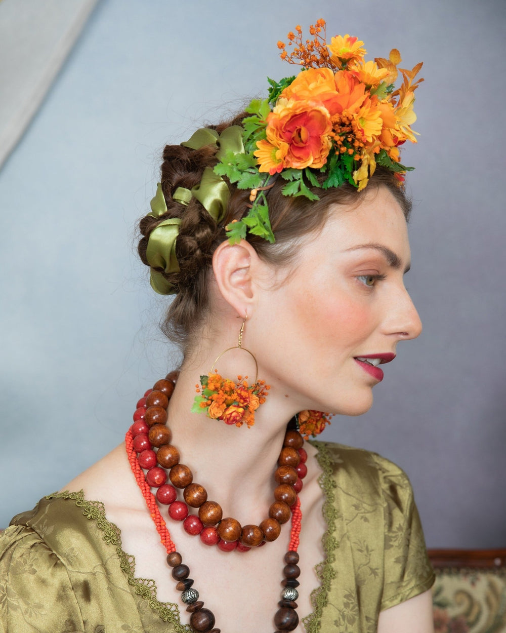 Orange Flower Hoop Earrings: Autumn Wedding Jewelry – handmade floral hair accessory by magaela