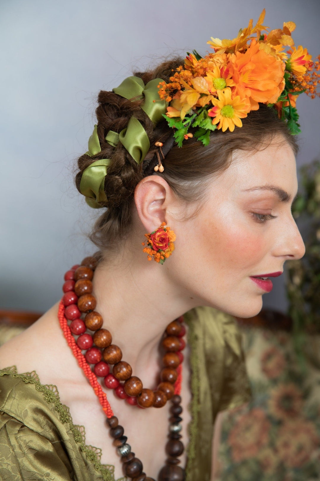 Orange Flower Clip On Earrings: Autumn Wedding Jewelry – handmade floral hair accessory by magaela
