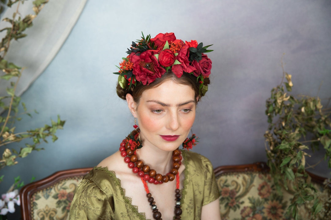 Red Frida Flower Headband: Flamenco Bridal Hair Crown – handmade floral hair accessory by magaela