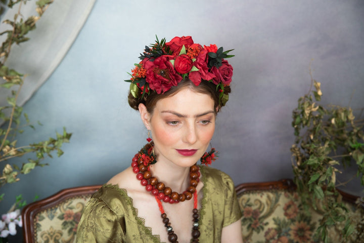 Red Frida Flower Headband: Flamenco Bridal Hair Crown – handmade floral hair accessory by magaela