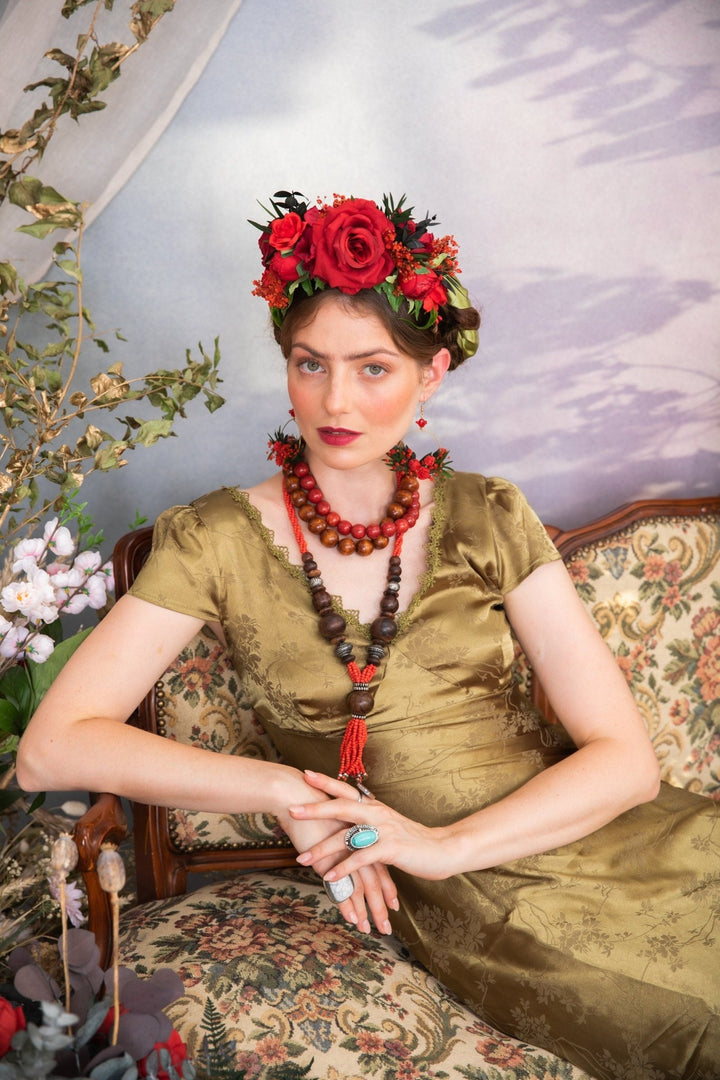 Red Frida Flower Headband: Flamenco Bridal Hair Crown – handmade floral hair accessory by magaela