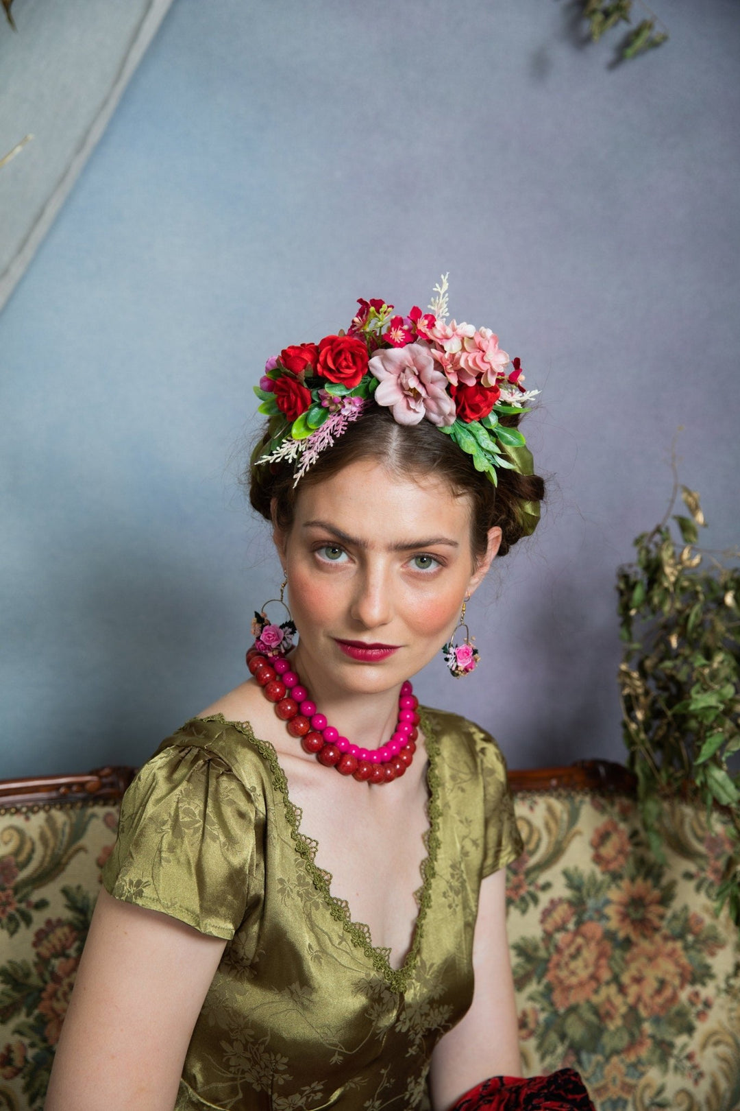 Two - Sided Frida Flower Headband: Pink & Red Wedding Crown – handmade floral hair accessory by magaela