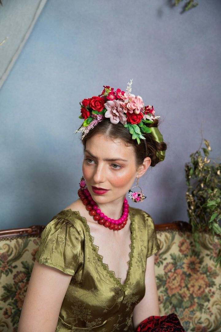 Two - Sided Frida Flower Headband: Pink & Red Wedding Crown – handmade floral hair accessory by magaela