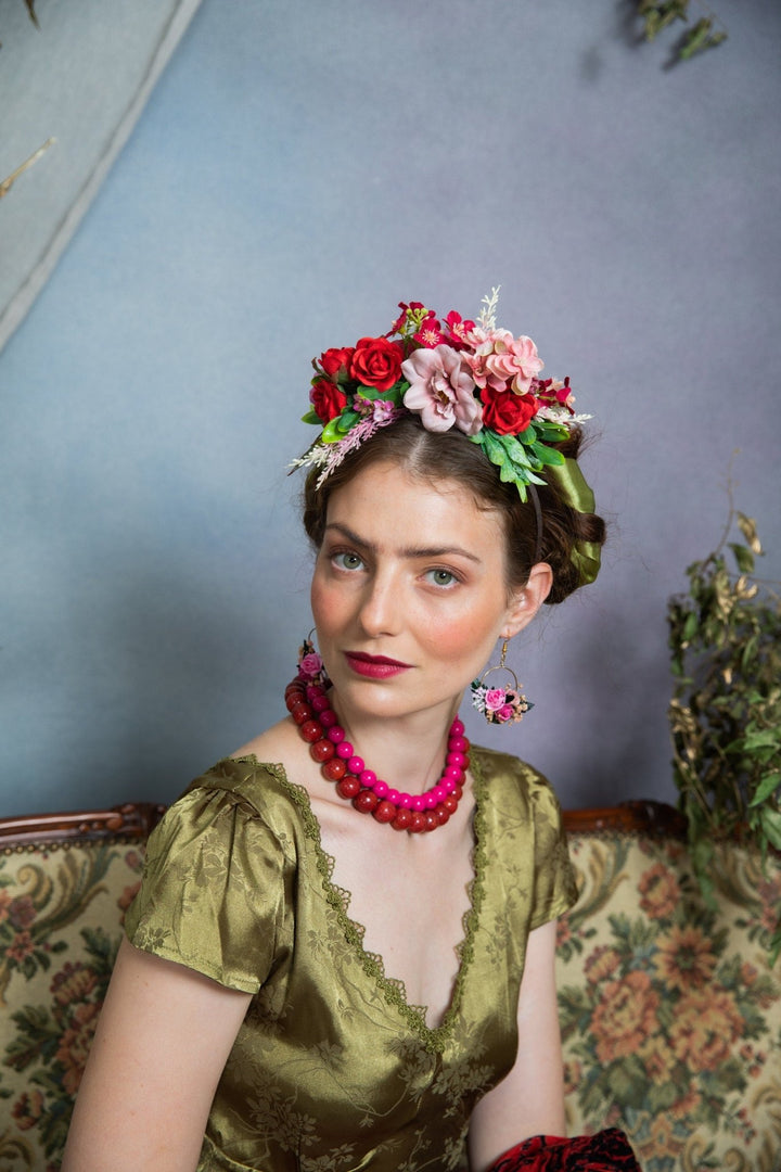 Two - Sided Frida Flower Headband: Pink & Red Wedding Crown – handmade floral hair accessory by magaela