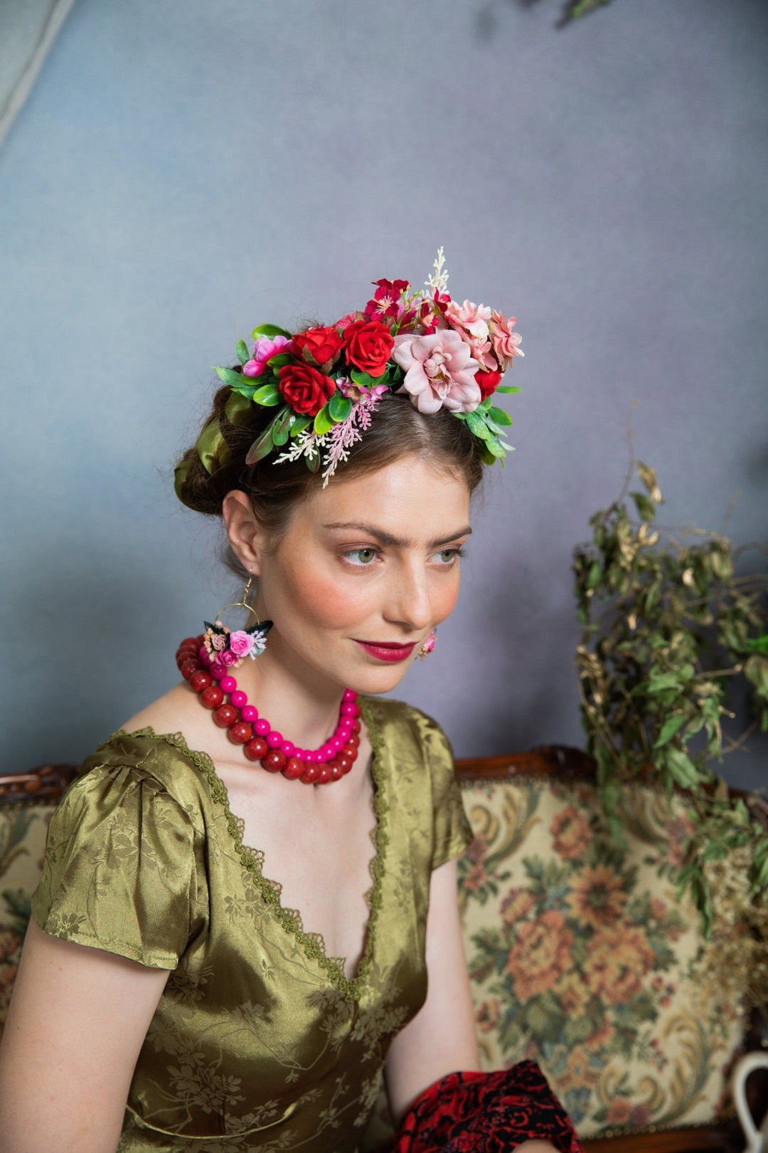 Two - Sided Frida Flower Headband: Pink & Red Wedding Crown – handmade floral hair accessory by magaela