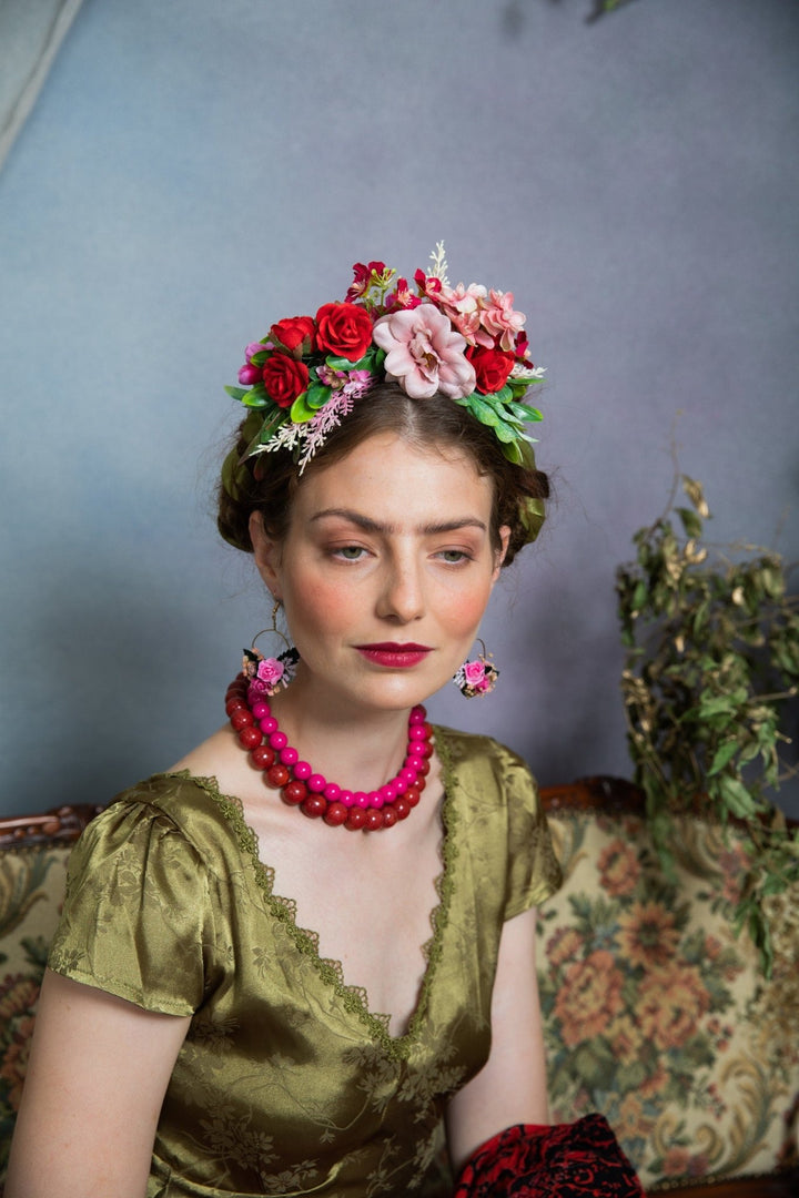 Two - Sided Frida Flower Headband: Pink & Red Wedding Crown – handmade floral hair accessory by magaela