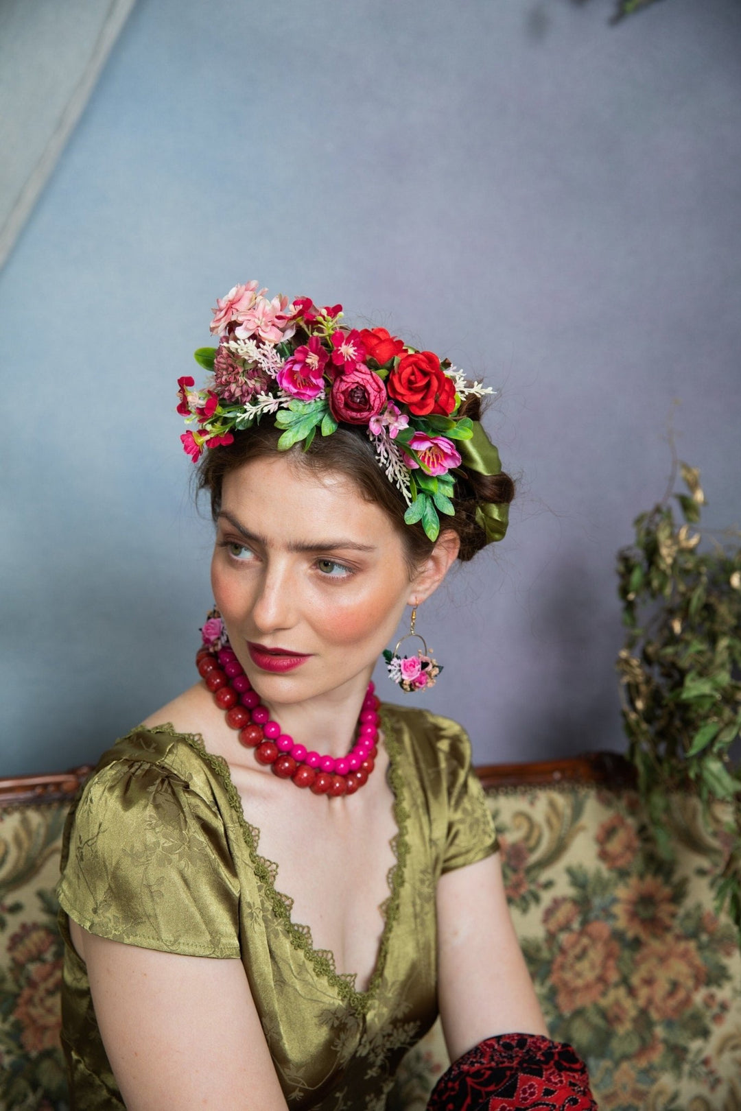 Two - Sided Frida Flower Headband: Pink & Red Wedding Crown – handmade floral hair accessory by magaela