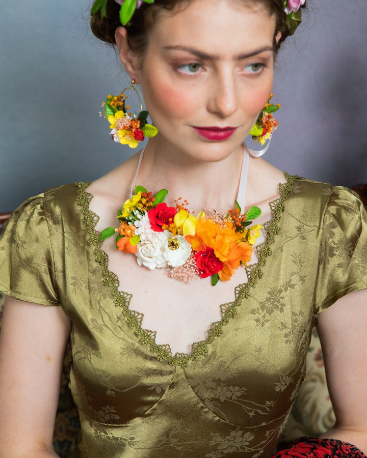 Floral Hoop Earrings: Bridal Wedding Jewelry, Orange Yellow Flowers – handmade floral hair accessory by magaela