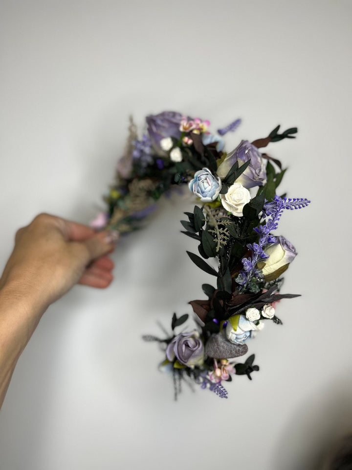 Purple Rose Wedding Headband: Boho Lavender Flower Crown – handmade floral hair accessory by magaela
