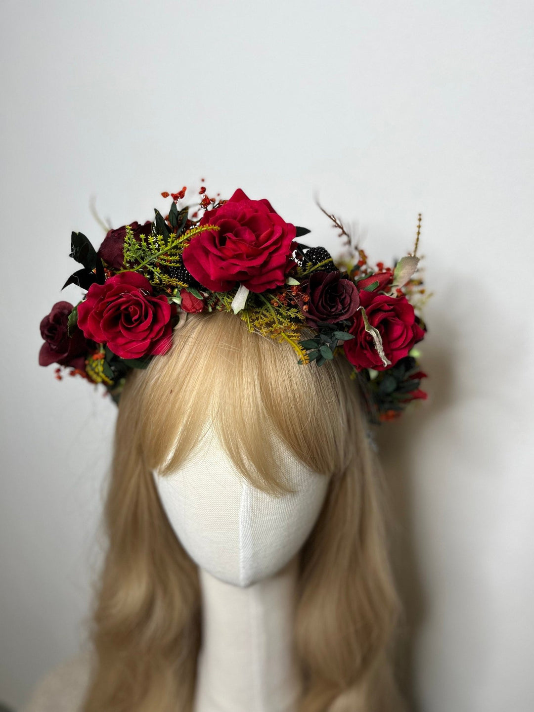 Red Rose Bridal Crown: Burgundy Flower Half Wreath Headpiece – handmade floral hair accessory by magaela