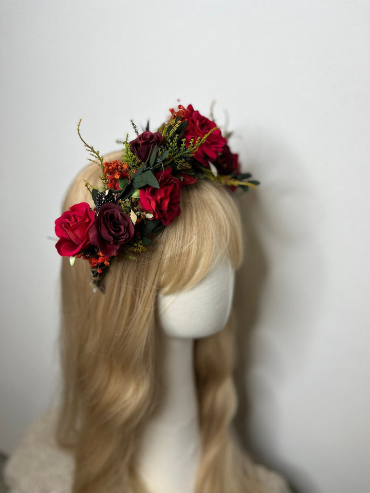 Red Rose Bridal Crown: Burgundy Flower Half Wreath Headpiece – handmade floral hair accessory by magaela