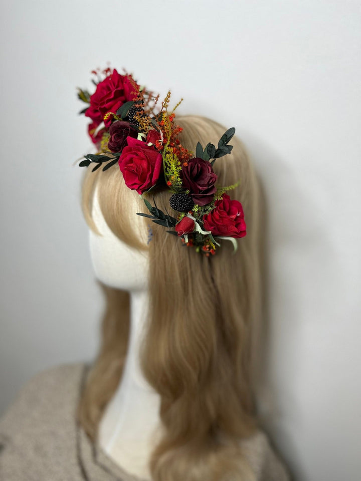 Red Rose Bridal Crown: Burgundy Flower Half Wreath Headpiece – handmade floral hair accessory by magaela