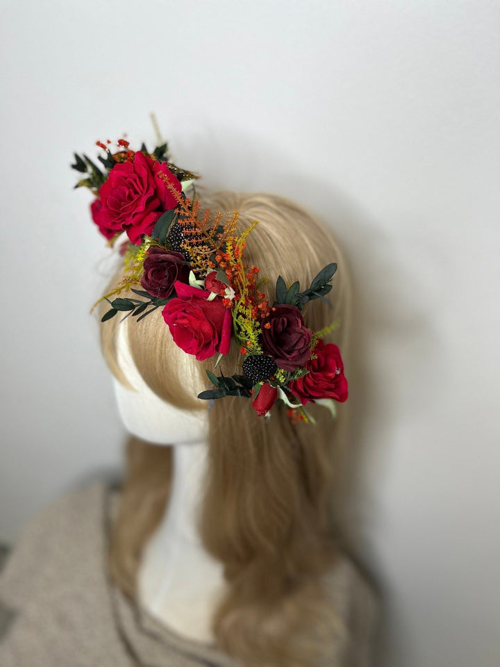 Red Rose Bridal Crown: Burgundy Flower Half Wreath Headpiece – handmade floral hair accessory by magaela