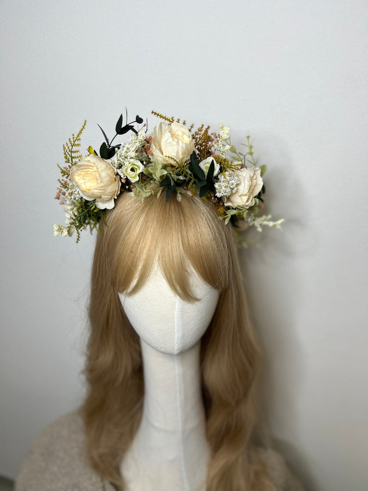 Pastel Yellow Flower Crown: Romantic Wedding Half Wreath – handmade floral hair accessory by magaela