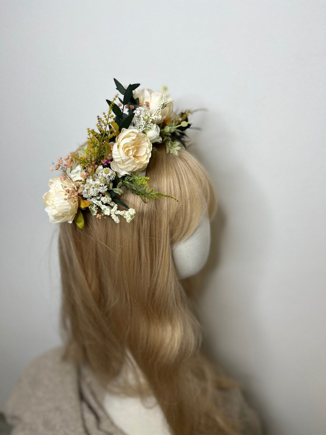 Pastel Yellow Flower Crown: Romantic Wedding Half Wreath – handmade floral hair accessory by magaela