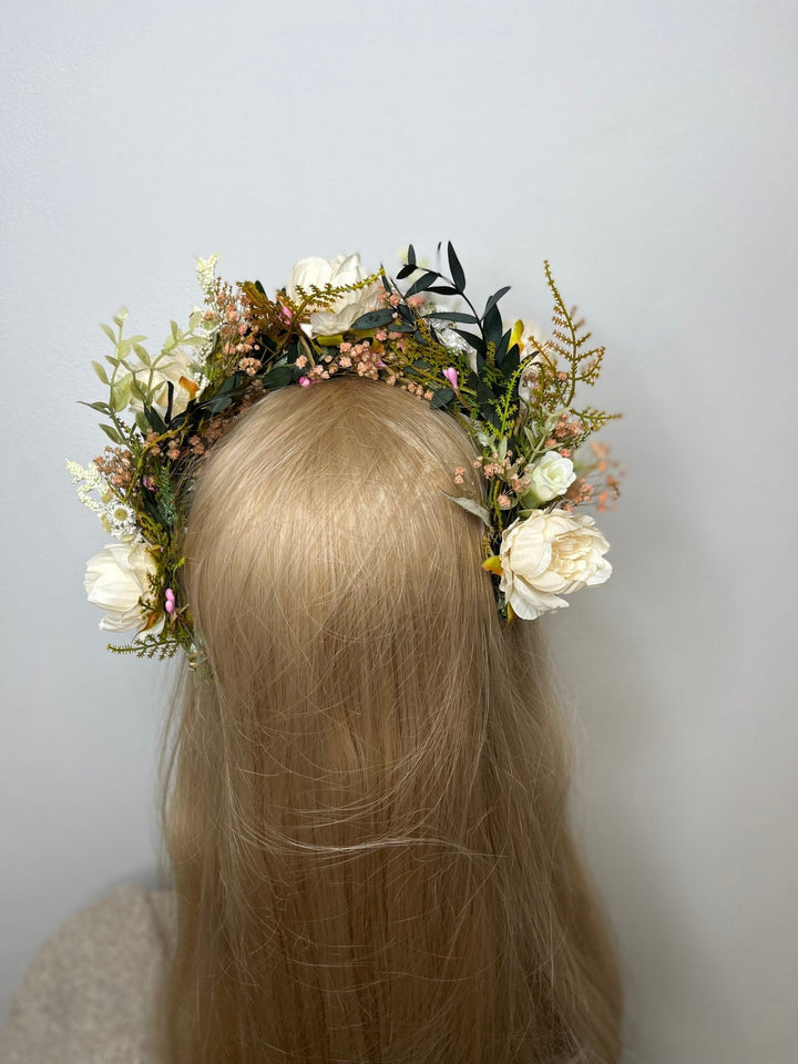 Pastel Yellow Flower Crown: Romantic Wedding Half Wreath – handmade floral hair accessory by magaela