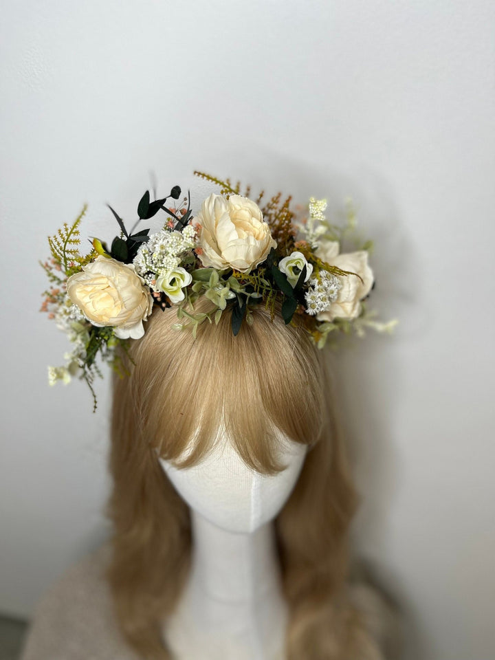 Pastel Yellow Flower Crown: Romantic Wedding Half Wreath – handmade floral hair accessory by magaela