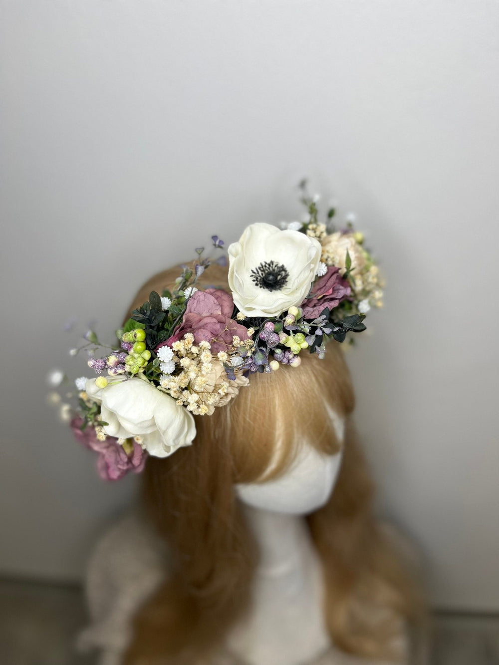 Anemone Wedding Half Wreath: White & Dusty Pink Flower Crown – handmade floral hair accessory by magaela