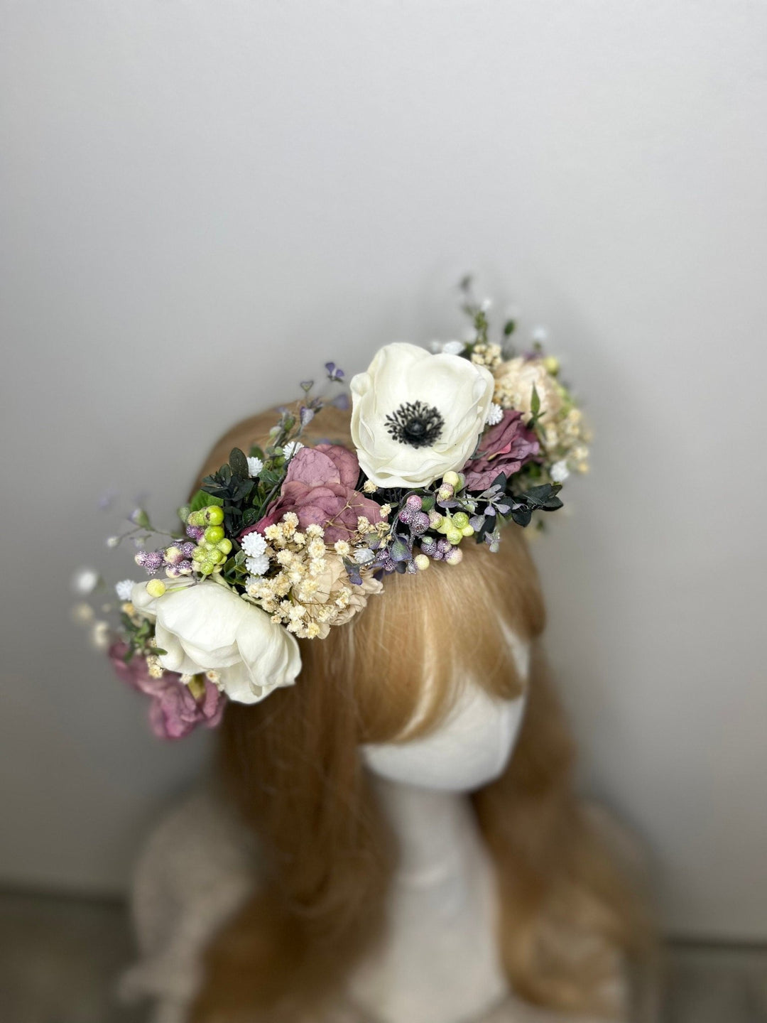 Anemone Wedding Half Wreath: White & Dusty Pink Flower Crown – handmade floral hair accessory by magaela