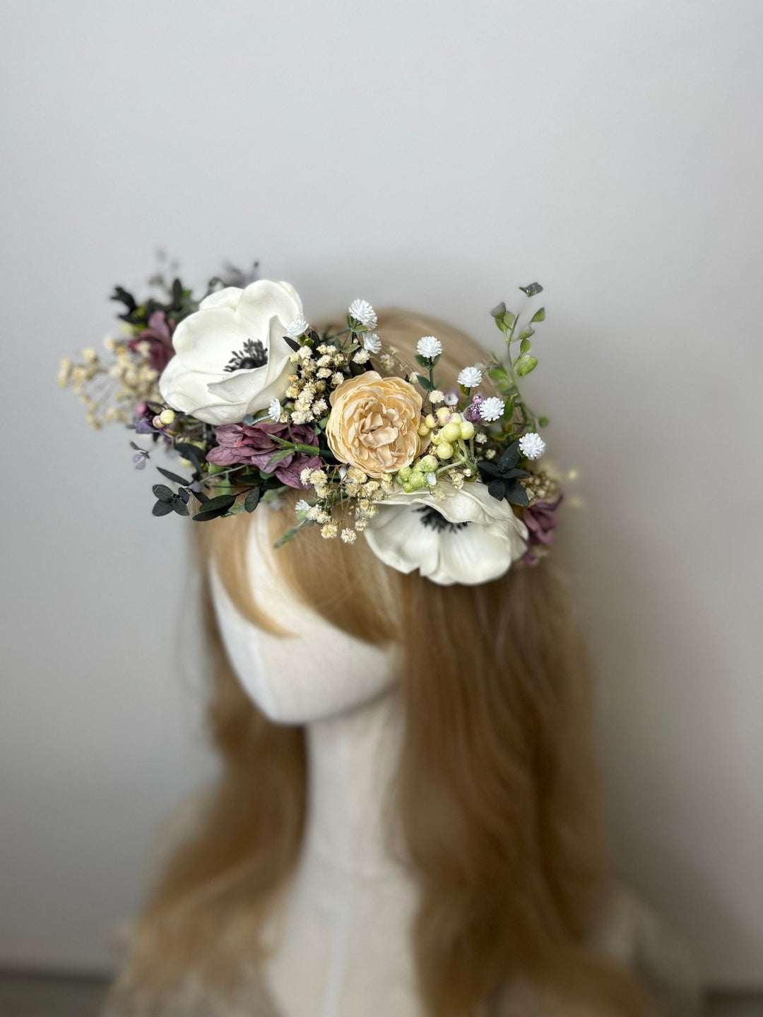 Anemone Wedding Half Wreath: White & Dusty Pink Flower Crown – handmade floral hair accessory by magaela