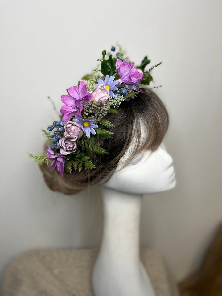 Purple Flower Wedding Crown: Boho Bridal Headpiece – handmade floral hair accessory by magaela