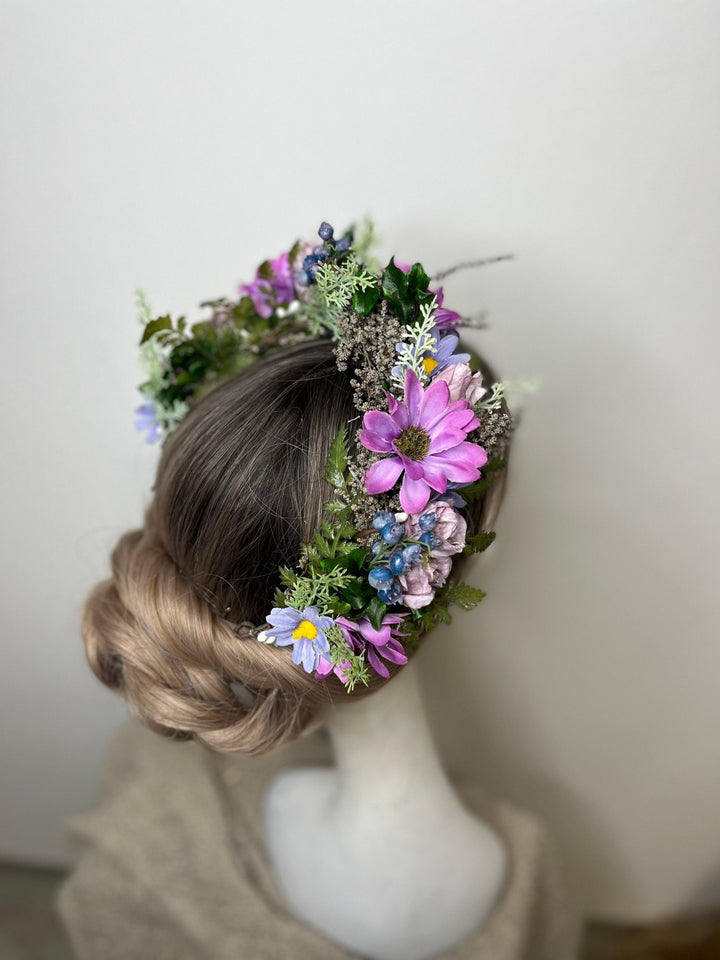 Purple Flower Wedding Crown: Boho Bridal Headpiece – handmade floral hair accessory by magaela