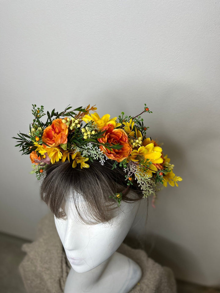 Autumn Flower Half Wreath: Sunset Wedding Crown, Fall Headpiece – handmade floral hair accessory by magaela