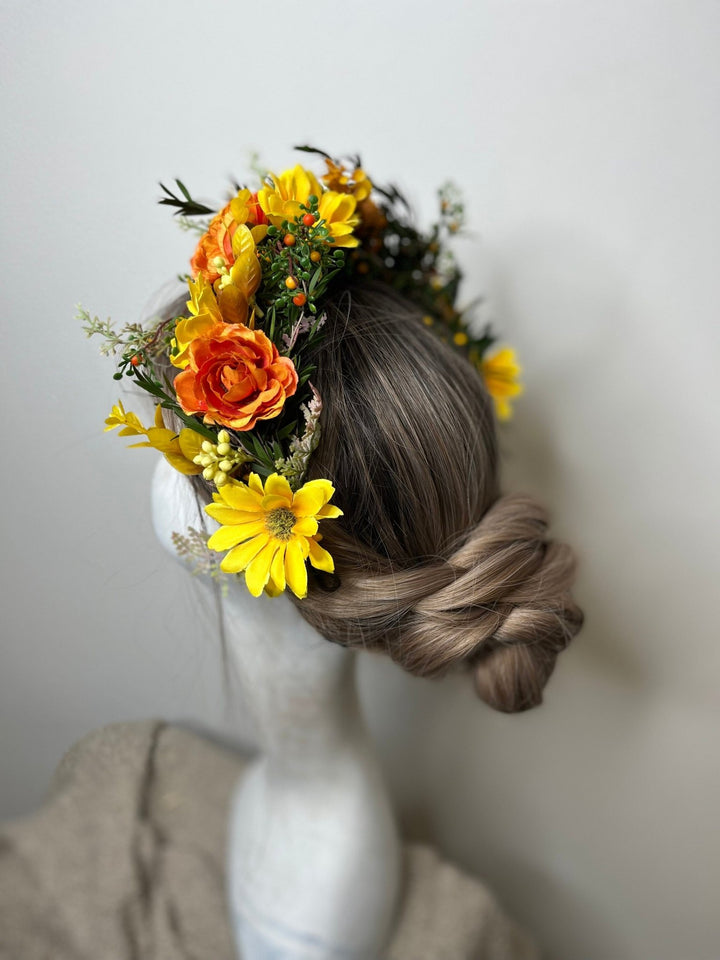 Autumn Flower Half Wreath: Sunset Wedding Crown, Fall Headpiece – handmade floral hair accessory by magaela