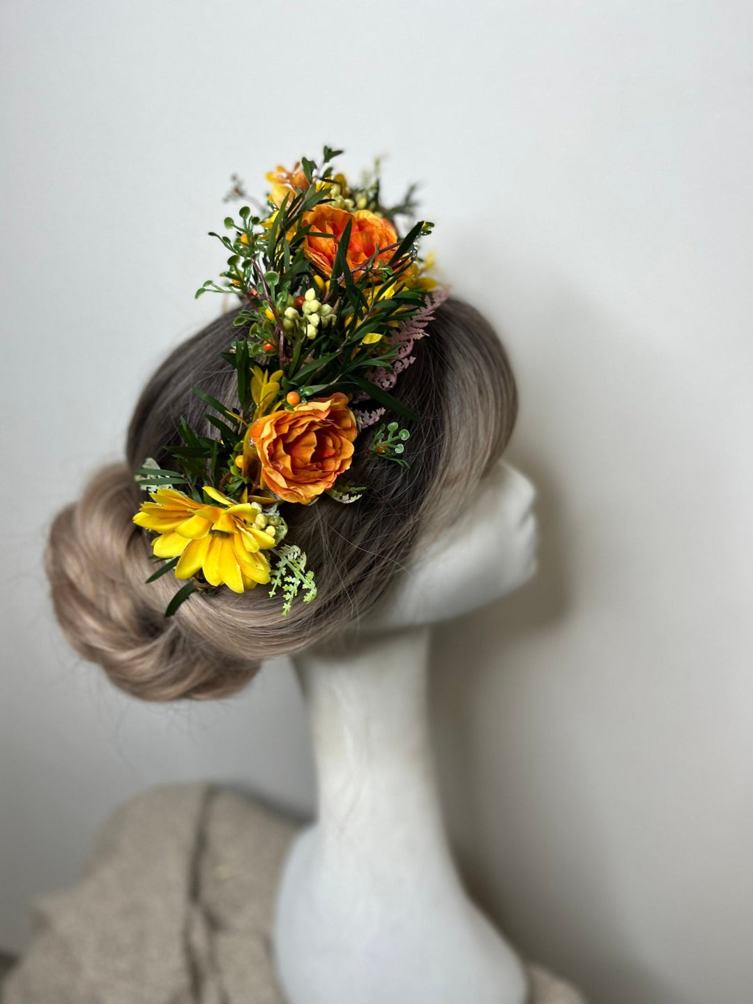 Autumn Flower Half Wreath: Sunset Wedding Crown, Fall Headpiece – handmade floral hair accessory by magaela