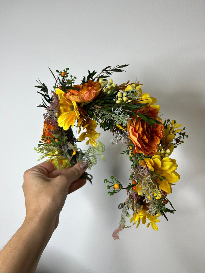 Autumn Flower Half Wreath: Sunset Wedding Crown, Fall Headpiece – handmade floral hair accessory by magaela