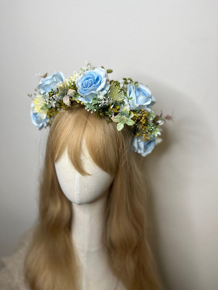 Blue Rose Half Wreath: Boho Bridal Flower Crown – handmade floral hair accessory by magaela