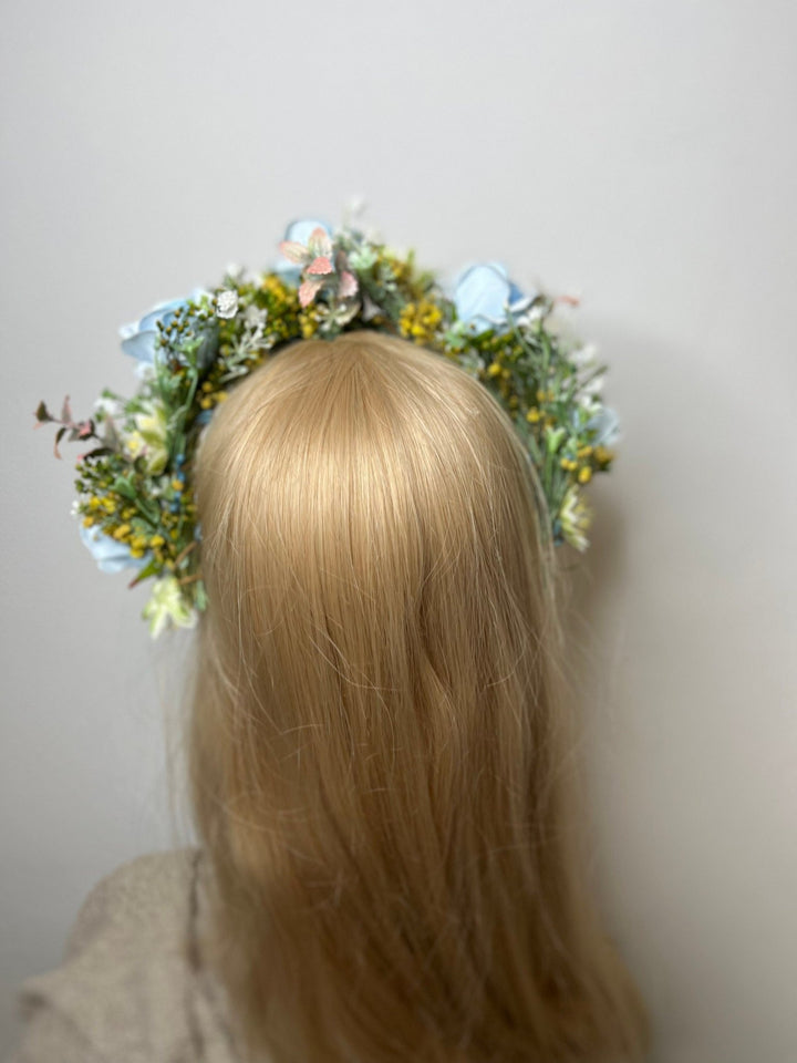 Blue Rose Half Wreath: Boho Bridal Flower Crown – handmade floral hair accessory by magaela